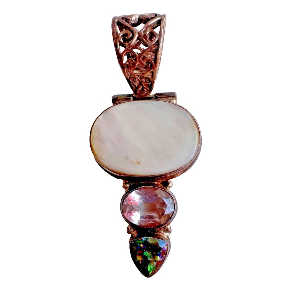 Vintage Sterling Silver MOP Pendant Necklace Labradorite Mystic Topaz 925 Boho